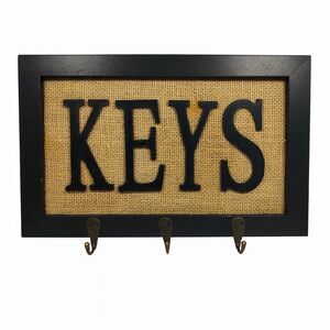 Rystic Burlap Key Holder w/ 3 Hooks Black Framed Entryway Office Wall Organizer